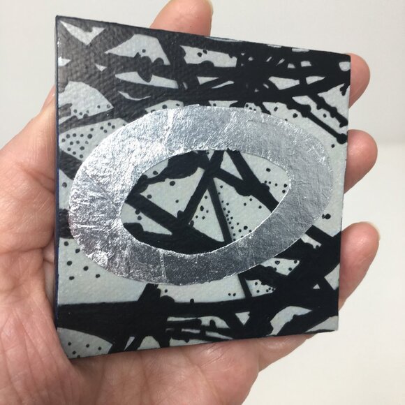 Miniature Square Gray Black Silver Leaf Branches Ink Drawing on Canvas Wall Art - Picture 11 of 16